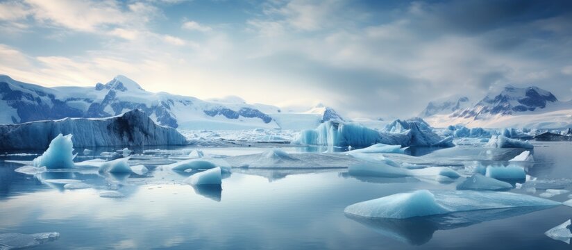 Stunning image of Icelandic glacier and lagoon with icy blue tones and floating icebergs.
