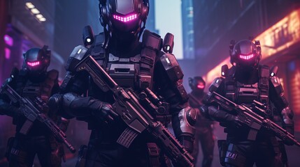 futuristic robotic swat team in sci-fi cityscape with glowing beams - obrazy, fototapety, plakaty