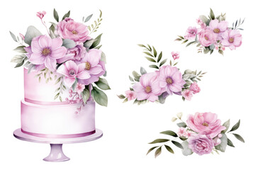 Watercolor wedding set, large three tiered cake decorated with flowers in a delicate festive palette, graceful bouquets of spring flowers. Suitable for wedding invitation designs, and various holiday.