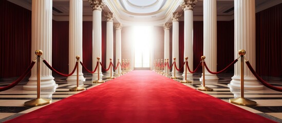 Stanchions and ropes guide the red carpet entry.