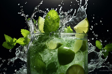 Close up photo of Mojito Cocktail. crystal-clear ice cubes, the velvety mint leaves, Black background.