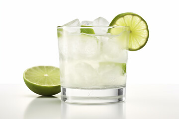 Close up photo of cold margarita cocktail with ice cube and lime. isolated in white background 