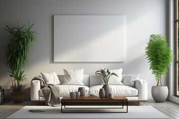 Blank horizontal poster frame mock up, wall art mockup in modern living room. blank poster frame in living room