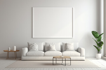 Blank horizontal poster frame mock up, wall art mockup in modern living room. blank poster frame in living room