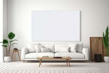 Blank horizontal poster frame mock up, wall art mockup in modern living room. blank poster frame in living room with white sofa.