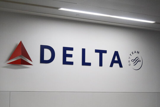 Delta Air Lines sign at JFK airport in New York, USA. August 21, 2023