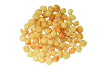 Close up view of caramel flavored puffed corn balls isolated on a white background.png