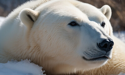Snow polar bear outdoors in cold winter, close up, Generative Ai

