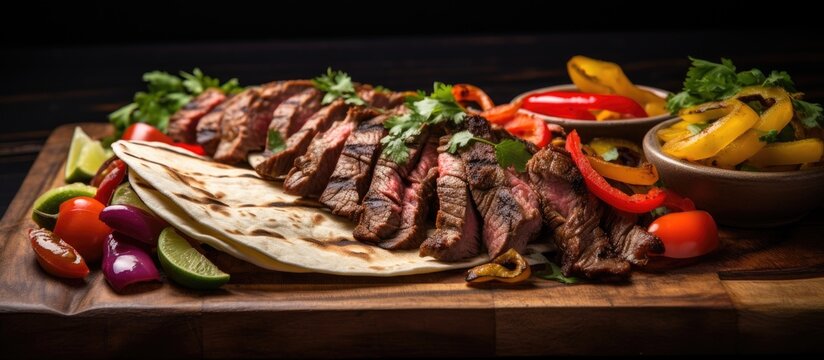 Steak fajitas with tortilla and veggies on a board.