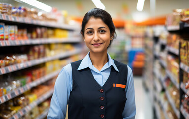 Cute hindu sales girl standing in a grocery store. Beautiful indian lady standing in a grocery store. - obrazy, fototapety, plakaty