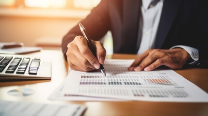 Businessman writing calculation job financial work.