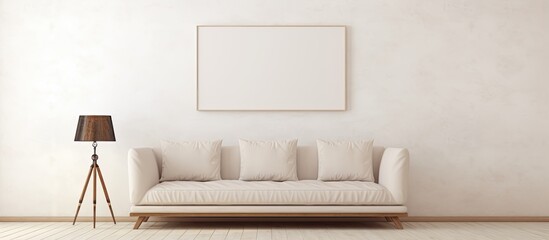 Beige sofa with art above, in an empty white room, with wooden tripod lamp by window.