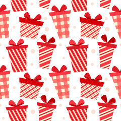 Pattern of red gift christmas box on white background with round dots.  Christmas gift box seamless pattern. Striped Gift Box pattern