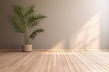 Fototapeta na wymiar interior with plant, white wall, wooden floor. Empty room with wooden floor and plant.