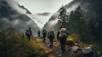 Mountain hikers carrying backpack carriers, climbing rocky mountain peaks. - obrazy, fototapety, plakaty