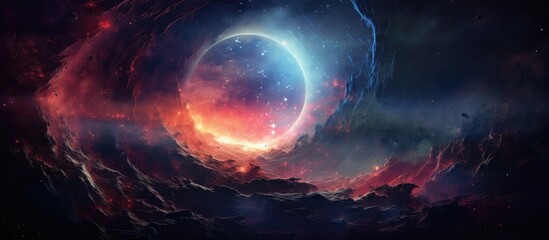 Space artwork depicting a black hole, galaxy, stars, and planet with a vibrant glow.