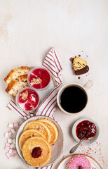 Delicious american dessert table with coffee.