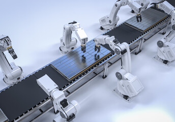 Automation battery manufacturing with electric car battery produced by robotic arms - obrazy, fototapety, plakaty