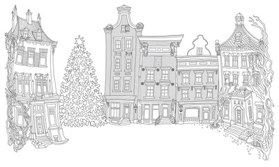 Fairy tale square in the old medieval European town with Christmas fir-tree. Adults coloring book page