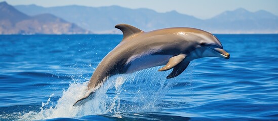 Snapshot of bottlenose dolphin captured during a whale watching tour in Strait of Gibraltar. - obrazy, fototapety, plakaty