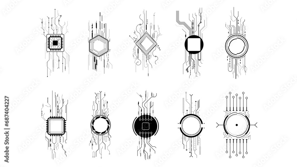 Poster set abstract collection black simple line cpu, computer, technology doodle outline element vector de