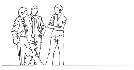 outline of group business people discuss standing. minimalist man woman one line simple isolated on a transparent background.