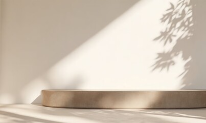 beige brown cement curve counter podium with texture, soft beautiful dappled sunlight, leaf shadow on white wall for luxury organic cosmetic, skincare, beauty treatment product background,GenerativeAI - obrazy, fototapety, plakaty