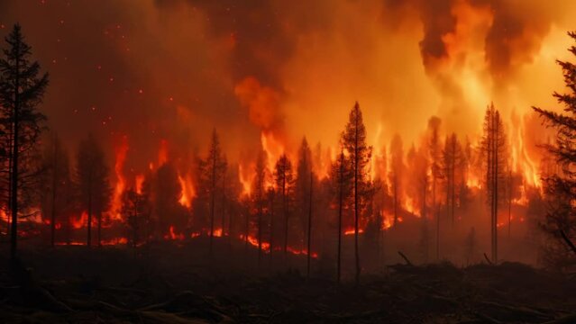Aerial drone shot overlooking trees in orange flames forest fire destroying and causing air pollution on dark dry summer night. Burning wood at dark deep wild forest. Horrible nature wildfire disaster