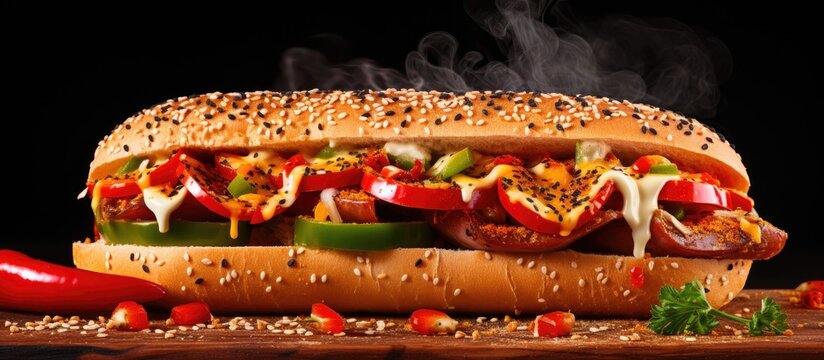 Hoagie sandwich with sausage, onions, peppers, and sesame seeds.