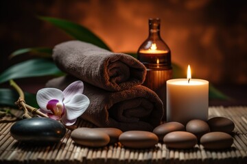 Fototapeta na wymiar Cloths and candles for spa massage and body care Decorated with candles, spa stones