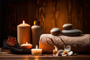 Fototapeta na wymiar Cloths and candles for spa massage and body care Decorated with candles, spa stones