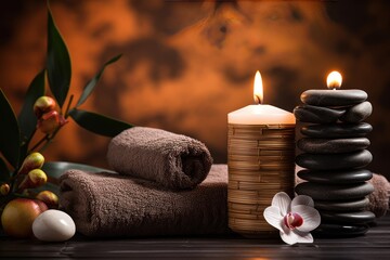 Cloths and candles for spa massage and body care Decorated with candles, spa stones