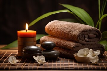 Obraz na płótnie Canvas Cloths and candles for spa massage and body care Decorated with candles, spa stones