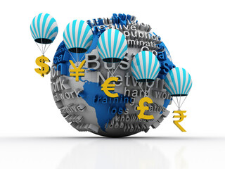 3d rendering Global Currencies sign connected parachute