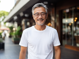 Healthy senior asian man wearing blank empty white t-shirt mockup for design template