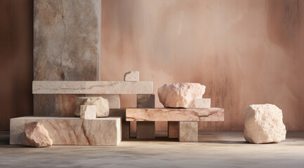 Samples of Stone Blocks and Marble Table in Warm Tones - obrazy, fototapety, plakaty