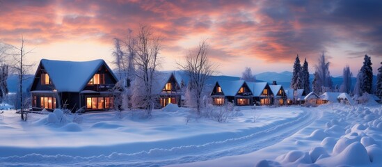 Twilight winter cabins in Furano, Hokkaido, Japan. - obrazy, fototapety, plakaty