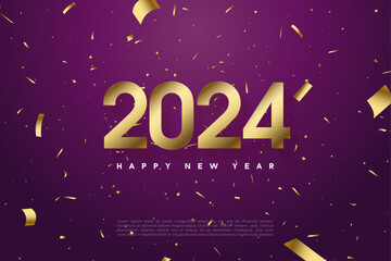 2024 new year celebration with flat golden paper numerals. design premium vector.