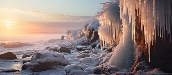 Icy icicles on a Baltic coast cliff in December, Latvia. - obrazy, fototapety, plakaty