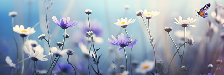 Beautiful wild flowers chamomile, purple wild peas, butterfly in morning haze in nature close-up macro copy space.