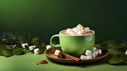 Obraz na płótnie Canvas Cocoa with marshmallows, green background. Generative AI