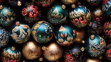Fototapeta na wymiar Background of Christmas balls in red, blue, with drawings. Luxurious, beautiful jewelry. Festive atmosphere.