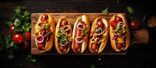 Hot dogs with onions, pickles, tomato sauce, and mustard, made at home.
