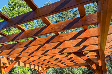 A natural wood pergola over the patio in the back yard
