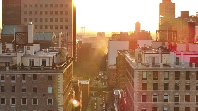 Aerial shot of New York City's Upper East Side at sunrise.
