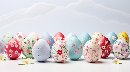 Fototapeta premium Colorful easter eggs with pattern,spring flowers, Generative AI