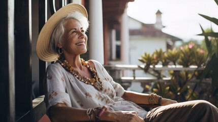 Home lifestyle mature woman relaxing sleeping on sofa on outdoor patio living room. Happy lady lying down on comfortable pillows taking a nap for wellness and health. Tropical vacation.
