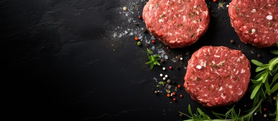 Top view of seasoned raw burger cutlets on a dark table