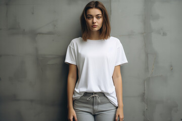 Portrait of confident young woman wearing white blank t-shirt, Mockup shirt for design.