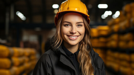 Young woman as apprentice in training in logistics profession with safety helmet - obrazy, fototapety, plakaty